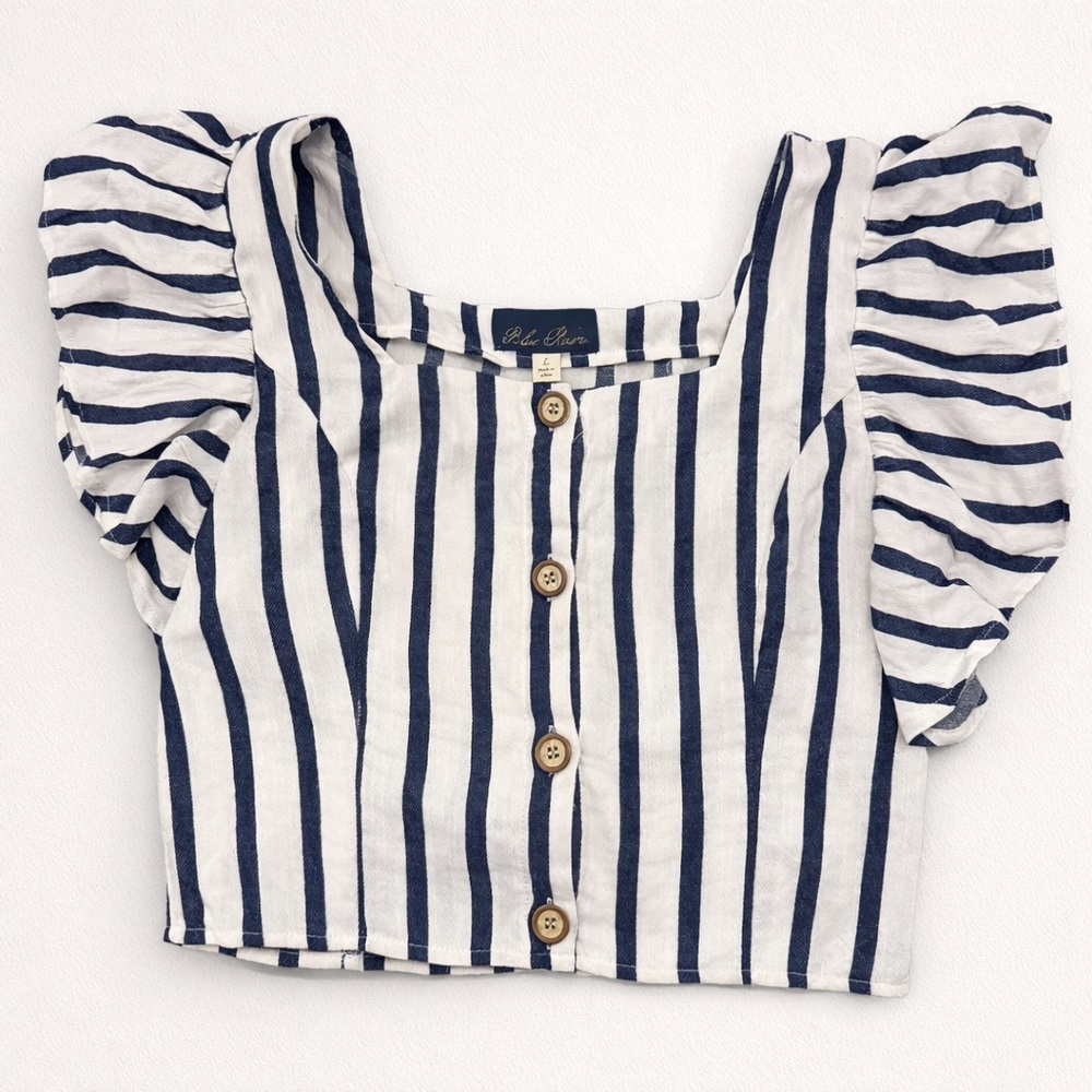 Blue Rain Navy and White Buttoned Crop Top size L